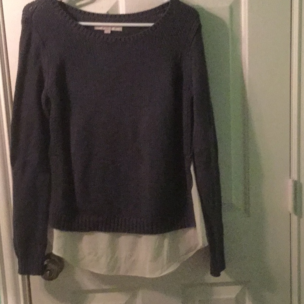 LOFT Grey Flounce Mixed Media Sweater